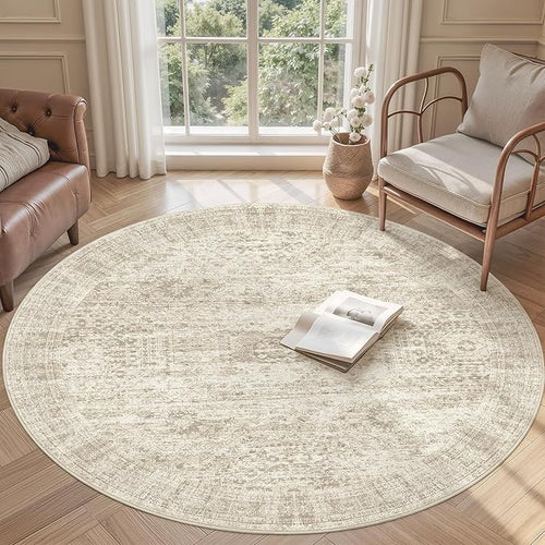 5x5 Beige Round Rug 5ft Living Room Circle Rug Vintage Round Area Rug Non Slip Indoor Carpet for Entryway Dining Room Bedroom