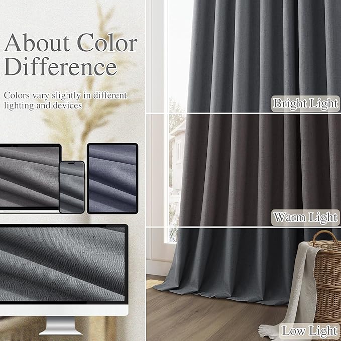 Guken 100% Blackout Curtains 84 Inch Length 2 Panels Set for Living Room Bedroom Back Tab Thermal Insulated Black Out Linen Drapes Room Darkening Blazer Grey,52x84