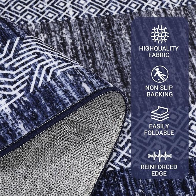 GarveeHome 2.5x8 Modern Bordered Runner Rug Soft Non Slip Washable Floor Carpet Distressed Geometric Hallway Indoor Printed Rug for Kitchen Entrance, Blue