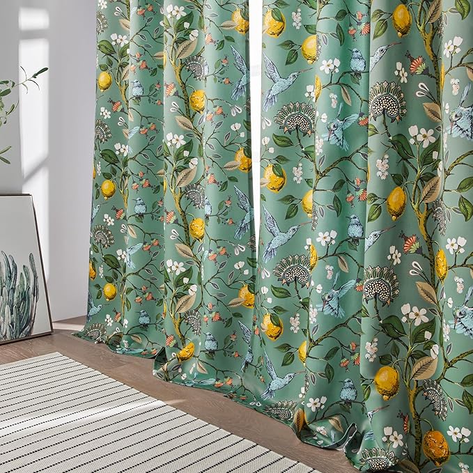 Extra Long 108 Inches Curtains for Large Window Funky Sage Green Tall Light Blocking Fun Floral Hummingbird Leaf Flower Jungle Forest Fancy Grommet Microfiber Lined High Ceiling Curtains 2 Panels 9FT