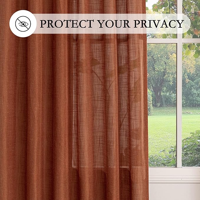 MYSKY HOME Living Room Curtains for Windows 108 Inch Long Light Filtering Sliding Door Semi Sheer Curtain Extra Long Floor Length Drapes Farmhouse Boho Privacy Back Tab, 50" Wide, Terracotta, Set of 2