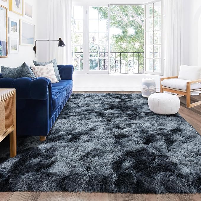 Rugs for Living Room 9x12, Soft Shaggy Modern Shag Area Rug for Bedroom, Upgrade Non-Slip Plush Fluffy Carpet for Kids Boys Girls Room Home Decor Aesthetic, Blue Grey