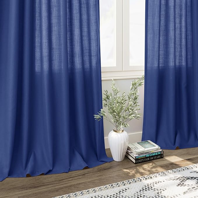 Nanspring Classic Blue Linen Curtains Semi Sheer 96 Inches Long 2 Panels Set for Living Room Back Tab Rod Pocket Light Filtering Drape for Bedroom Modern Farmhouse Coastal Decor Protect Privacy 52x96