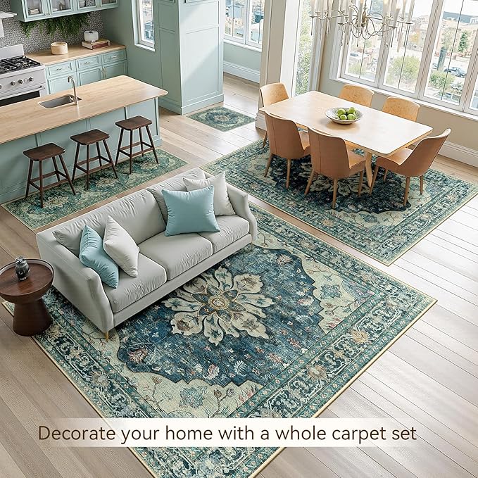 RELEANY Area Rugs 9'x12' Washable Non-Slip, Floral Vintage Distress Print Pattern Medallion Carpet for Living Room Bedroom Dining Room, Dark Blue Vintage