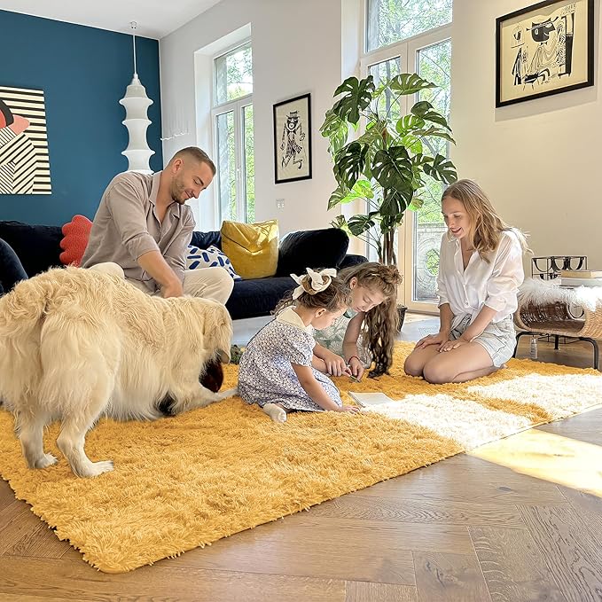 OLANLY 9x12 Machine Washable Large Area Rugs for Living Room, Bedroom, Soft Fluffy Shaggy Bedside Rug, Indoor Floor Carpet for Kids Girls and Boys, Dorms, Nursery, Home Decor Aesthetic, Mustard Yellow