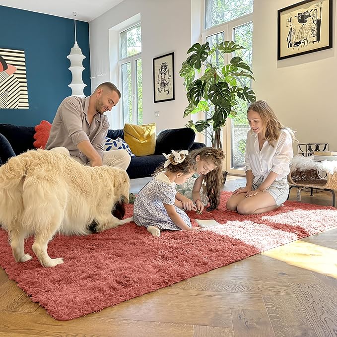 OLANLY 2x3 Machine Washable Small Bedside Rug, Soft Fluffy Shaggy Entryway Throw Rugs for Bedroom, Living Room, Indoor Floor Carpet for Kids Girls and Boys, Home Decor Aesthetic, Rust Red