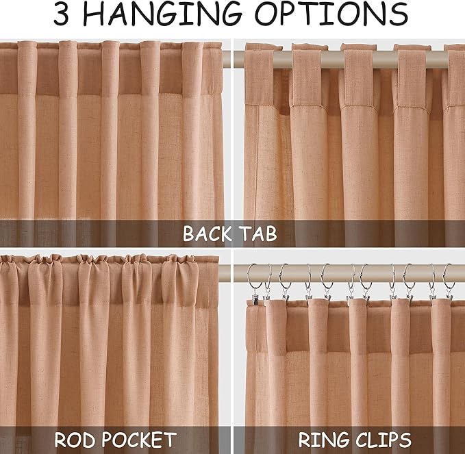 Peach Quartz Linen Curtains 96 Inch Length 2 Panel Set Back Tab Rod Pocket Textured Light Filtering Semi Sheer Boho Aesthetic Burlap Look Drapes for Bedroom and Living Room Decoration 8Ft 52x96 Inch