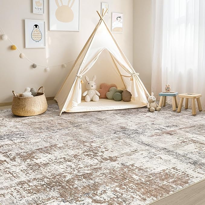 UERMEI Area Rug Living Room Rugs - Washable Neutral Modern Abstract Soft Thin Rug Indoor Floor No Slip Rug Carpet for Bedroom Under Dining Table Home Office Decor - Brown/Grey/Red - 8x10