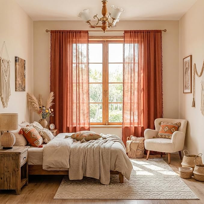 MYSKY HOME Bohemian Macrame Curtains 84 Inches Long for Living Room,Semi Sheer Light Filtering Privacy Drapes Farmhouse Coutry Home Decor for Bedroom, 50" W×84" L, Terracotta, 2 Panels