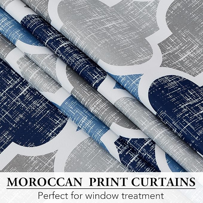 Beauoop 100% Blackout Curtains 84 Inches Long for Patio Sliding Door Blue Grey Extra Wide Moroccan Geo Room Darkening Thermal Soundproof Room Divider Grommet Window Treatment Drapes,100x84 Set of 1