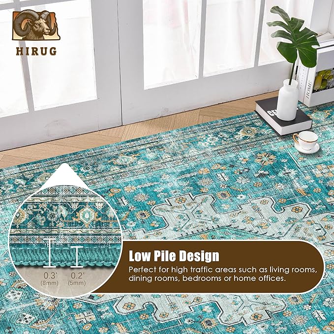 Washable Area Rug 8' x 10' Vintage Traditional Persian Mat - Foldable Distressed Non-Slip Machine Washable Carpet for Living Room Bedroom Kitchen Home Decor - Teal and Gold