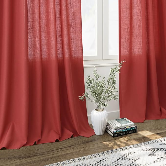 Christmas Red Linen Curtains 108 Inches Long for Living Room Light Filtering Semi Sheer Curtain Back Tab Vintage Neutral Rustic Home Decor Floor to Ceiling High Window for Bedroom 52x108,2 Panels