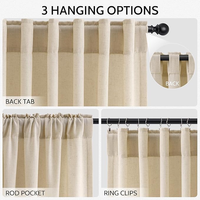 Tan Linen Curtains 96 Inches Long for Living Room Rod Back Tab Vintage Rustic Farmhouse Light Filtering Curtain Burlap Textured Linen Drapes 96 Inch Dinning Room Bedroom 52x96 8FT,2 Panels