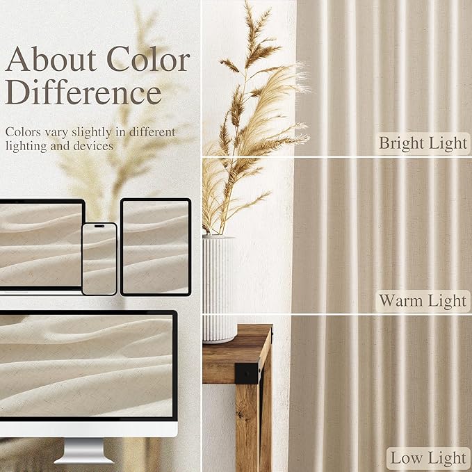 Nanspring Birch Beige Curtains 90 Inches Long for Living Room Linen Light Filtering Semi Sheer Curtain Back Tab Rod Pocket Modern Farmhouse Decor Elegant Coastal Drapes for Bedroom 52x90, 2 Panels
