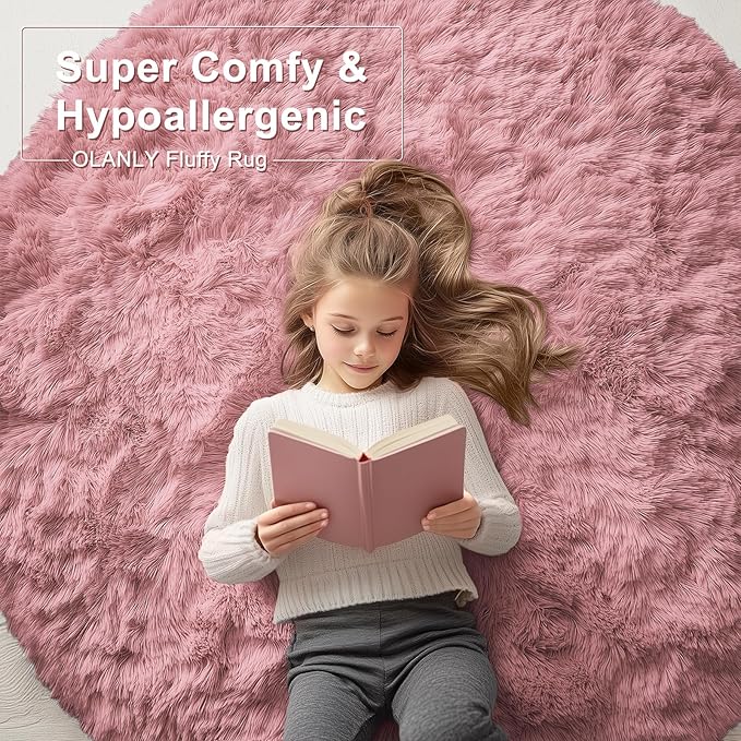 OLANLY Pale Pink Round Rugs for Bedroom - Machine Washable, 8 ft Circle Area Rugs for Living Room, Soft and Fluffy Shaggy Carpet for Teen Girls and Boys, Nursery Rooms, Dorms, Home Decor Aesthetic