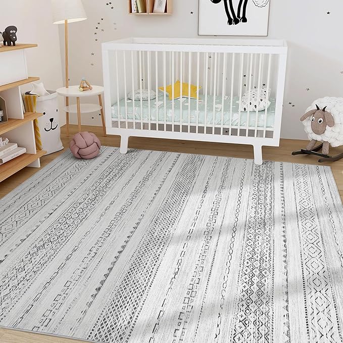 Nakagishi 7x9 Area Rug Living Room: Washable Boho Large Neutral Modern Soft Farmhouse Rugs Stain Resistant Indoor Floor Non-Slip Carpet for Bedroom Nursery Kids Playroom Office Dining Room- Gray