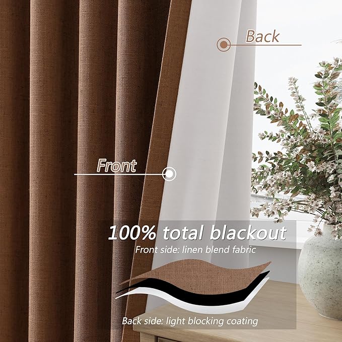 Guken Caramel Brown 100% Blackout Linen Curtains 96 Inch Length 2 Panels Set for Living Room Bedroom Back Tab/Rod Pocket Thermal Insulated Black Out Drapes Room Darkening Farmhouse Window Curtains