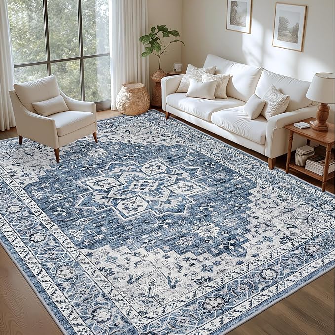 Area Rugs 9x12 Living Room Rug: Washable Rug Soft Vintage Boho Medallion Carpet Indoor Floor Non-Slip Stain Resistant Large Carpets for Bedroom Dining Room Farmhouse Nursery Home Office Blue