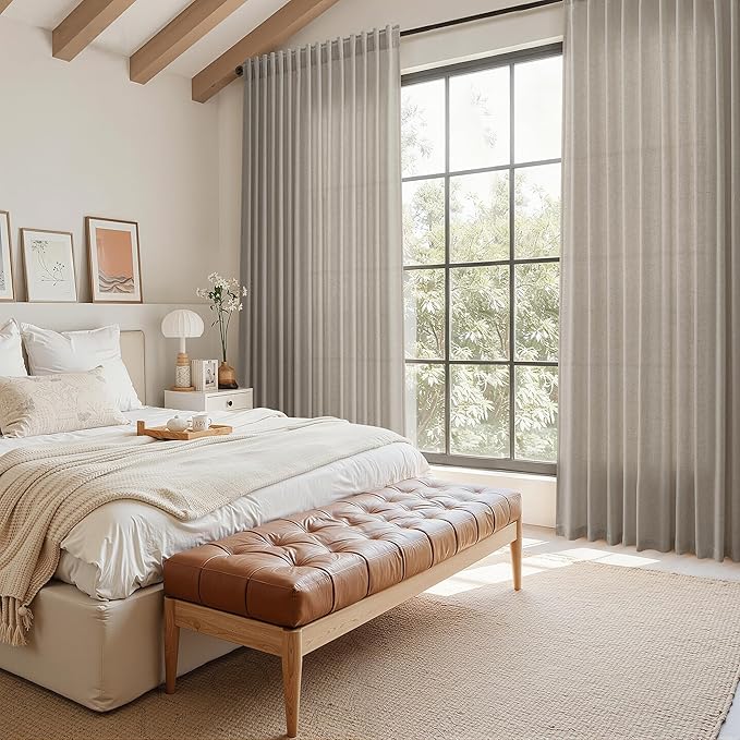 Nanspring Grey Beige Curtains 90 Inches Long for Living Room Linen Light Filtering Semi Sheer Curtain Back Tab Rod Pocket Simple Modern Neutral Elegant Boho Gray Drapes for Bedroom 52x90, 2 Panels