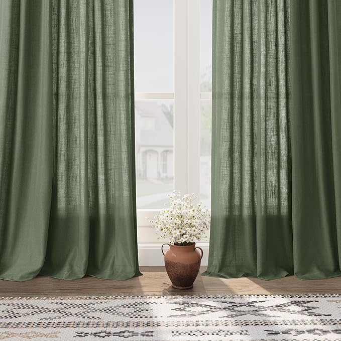 Extended Curtain Olive Green Linen Sheer Curtains for Living Room 2 Panels Set 118 Inch Length Back Tab Light Filtering & Breathability Semi Sheer Curtain Drapes for Bedroom Living Room 52x118