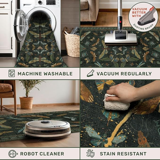 3x12 Long Hallway Runner Rug Non Slip - Washable Front Door Runner Indoor Entrance, Boho Nature Insect Stain Resistant Kitchen Carpet, Low Pile & Soft Indoor Décor (Dark Green)