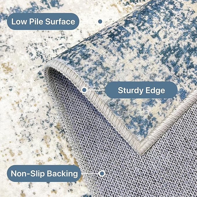 Area Rugs 5x8 for Living Room Bedroom, Modern Abstract Machine Washable Rug, Large Soft Low Pile Floor Carpet with Non Slip Backing for Dining Room, Navy Blue Beige