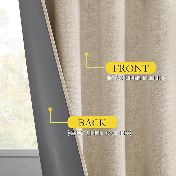 NICETOWN Cream Full Blackout Boho-Chic Linen Curtains 84 inch Long 2 Panels Set for Cafe Window, 42 inch Wide, Thick Linen Blend Drapes, Insulated Window Covers Draperies with White Backing