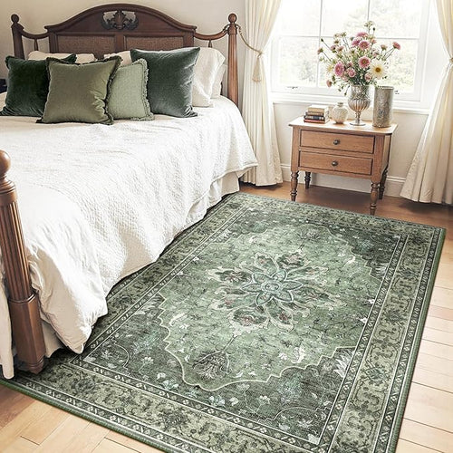 Area Rugs 6'x9' Washable Non-Slip, Floral Vintage Distress Print Pattern Medallion Carpet for Living Room Bedroom Dining Room, Dark Green Gray