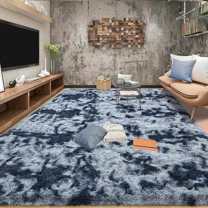 Tepook Area Rugs 9x12 for Living Room, Super Soft Fluffy Rugs for Bedroom, Modern Shaggy Rug Fuzzy Carpets for Kids, Plush Indoor Nursery Home Decor Rug with Non-Slip Bottom, Tie-Dyed Blue and Grey