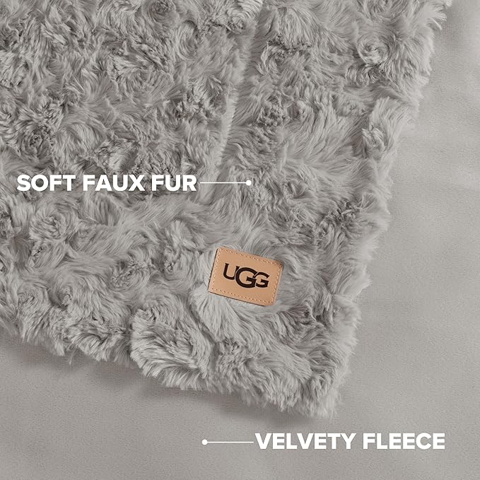 UGG Adalee Faux Fur Full/Queen Blanket, Double-Sided Fluffy Blanket, Cozy Oversized Throw for Couch, Washable Bedding for Full or Queen Bed, Luxury Home Decor, 90" x 90", Seal Grey