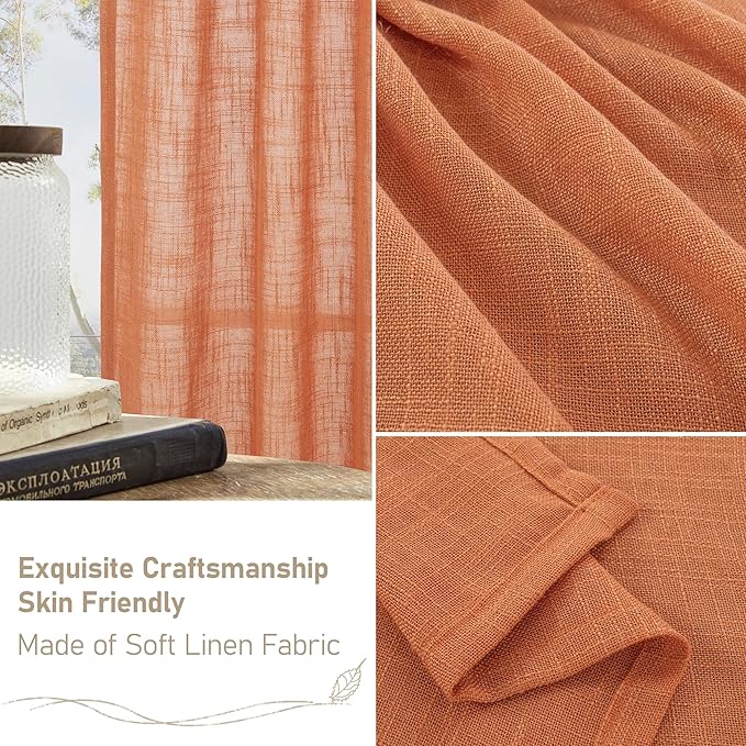 LAMIT Burnt Orange Linen Curtains for Bedroom, 72 Inch Length Light Filtering Semi Sheer Panels Back Tab and Rod Pocket Neutral Drapes for Living Room, 2 Panels, 34 x 72 Inch
