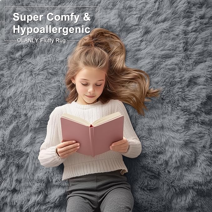 OLANLY 6x6 Area Rugs for Living Room Bedroom, Machine Washable Soft Fluffy Shaggy Bedside Rug, Indoor Floor Carpet for Kids Girls and Boys, Dorms, Nursery Rooms, Home Decor Aesthetic, Grey