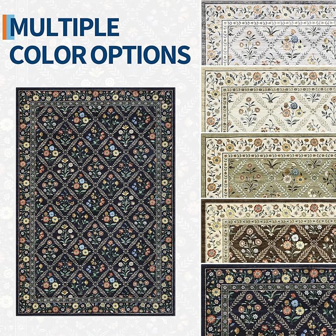 Washable Kitchen Rugs Non Slip 2x6 Hallway Runner Rug Stain Resistant Low Pile Floral Floor Rug with Rubber Backing Non Shedding Runners for Indoor Entryway Bedside Bedroom Farmhouse RV Navy&Black