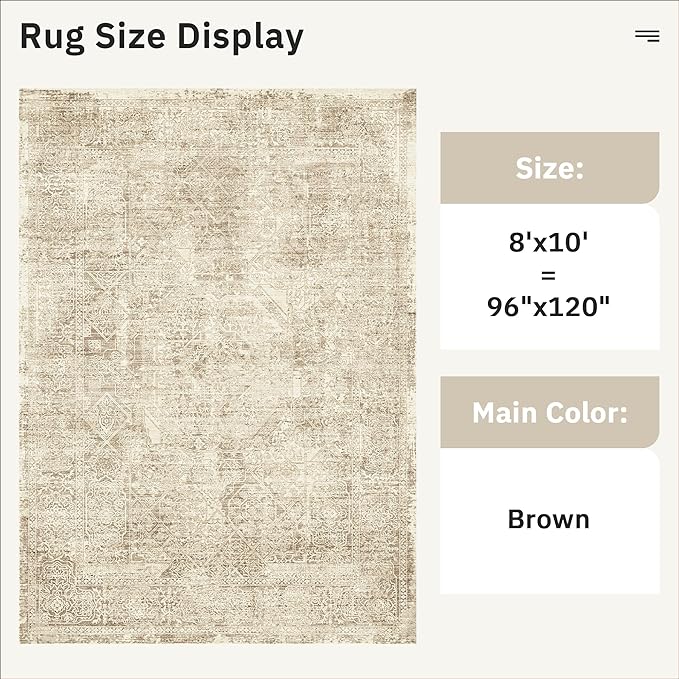 Soalmost Washable Area Rug 8x10, Large Soft Rugs for Living Room Vintage 8x10 Area Rugs for Bedroom Dining Room Floral Non-Slip Thin Brown