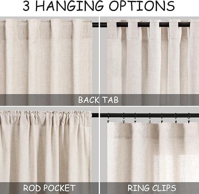 Nanspring Beige Linen Curtain 100 inches Long for Living Room Back Tab Neutral Vintage Country Rustic Farmhouse Curtain Burlap Textured Canvas Cloth Look Linen Drapes for Dinning Room Bedroom