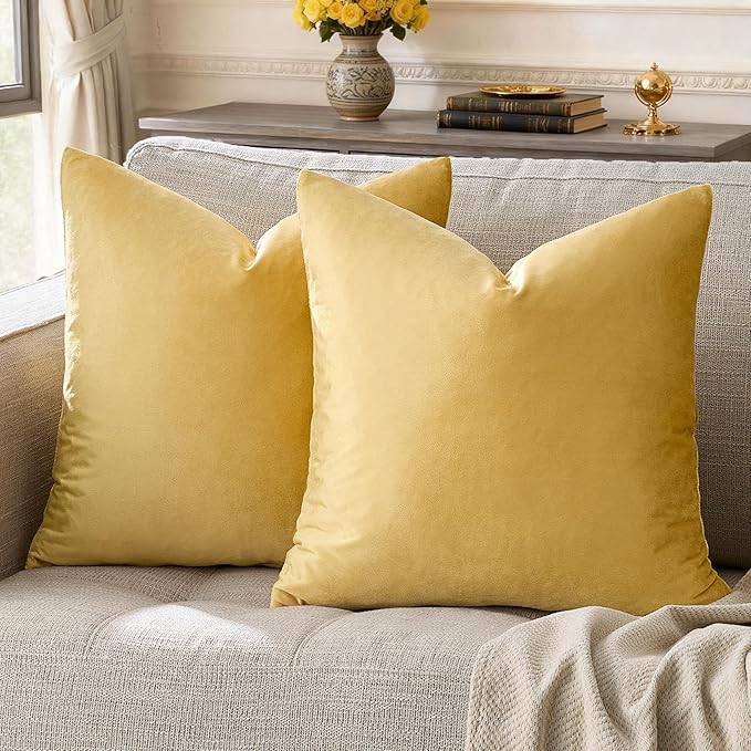 GIGIZAZA Yellow Velvet Decorative Throw Pillow Covers 20x20 inch for Sofa Bed 2 Pack Soft Cushion Cover