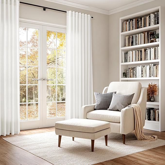 Nanspring Beige White Linen Curtains 63 Inch Length for Living Room Semi Sheer Curtain Back Tab and Rod Pocket Rustic Farmhouse Dector Coastal Room Decor Drapes for Bedroom 40 X 63, 2 Panels