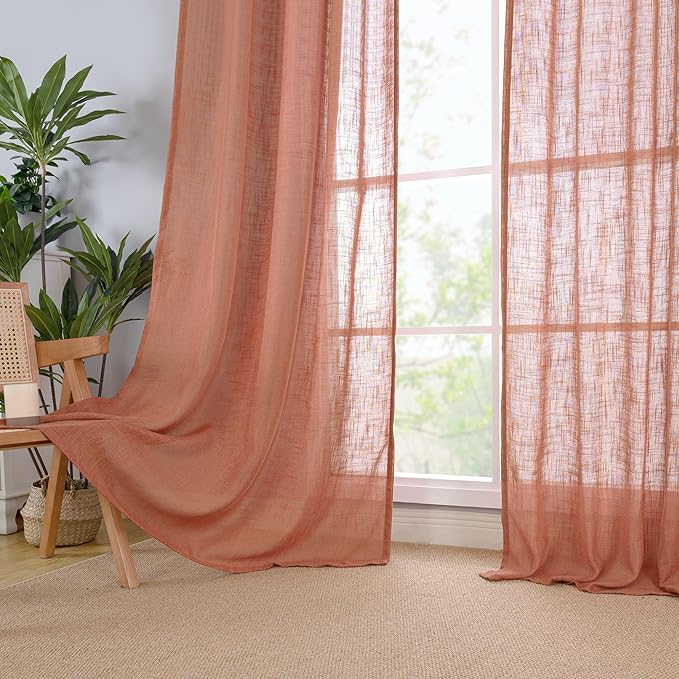 LAMIT Light Filtering Linen Curtains 68 inches Long for Bedroom, Linen Textured Semi Sheer Back Tab and Rod Pocket Boho Modern Drapes for Living Room/Farmhouse, Terracotta, 2 Panels, 52 x 68 Inch
