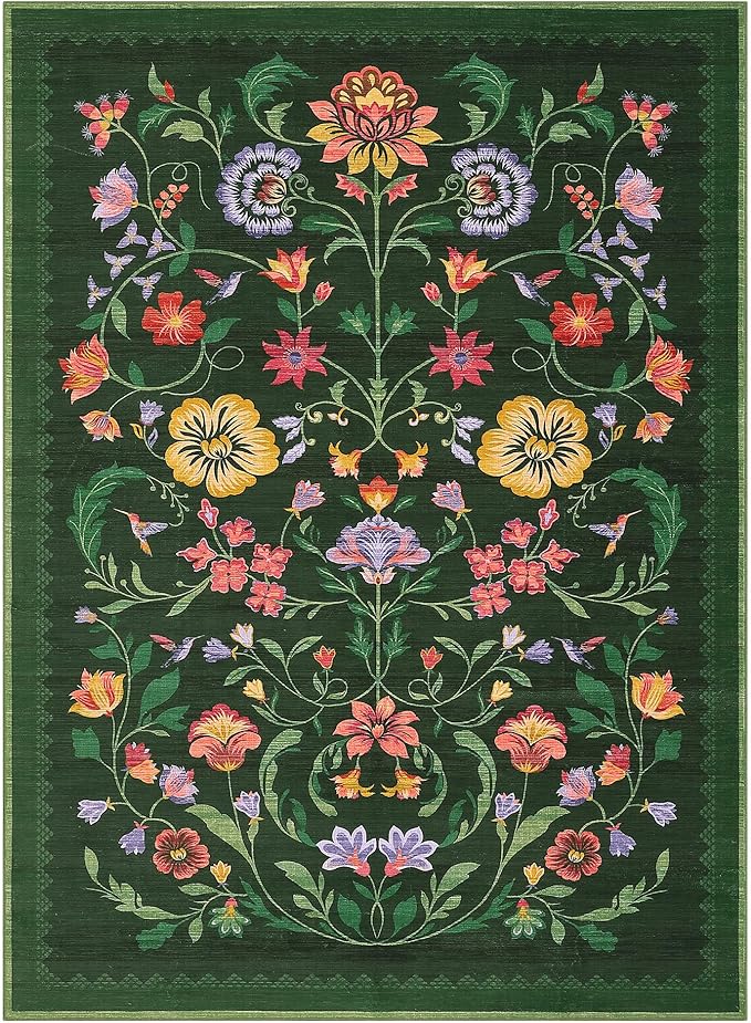 GarveeHome Washable Rug 4x6 Area Rugs for Living Room, Floral Rug for Bedroom, Soft Boho Non Slip Throw Rugs with Rubber Back, Low Pile Stain Resistant Vintage Floral Carpet for Dining Room, Green