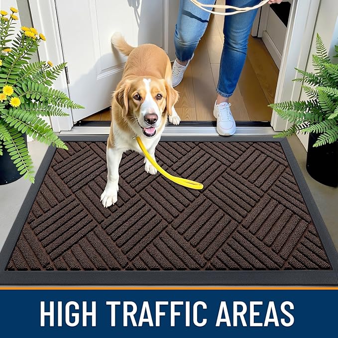 OLANLY Front Door Mat Outside Entrance 47x17, Absorbent, Heavy Duty Sturdy Natural Rubber Doormat Indoor Outdoor, Stain and Fade Resistant, Non-Slip Low Profile Floor Mat for Entryway, Brown Diamond