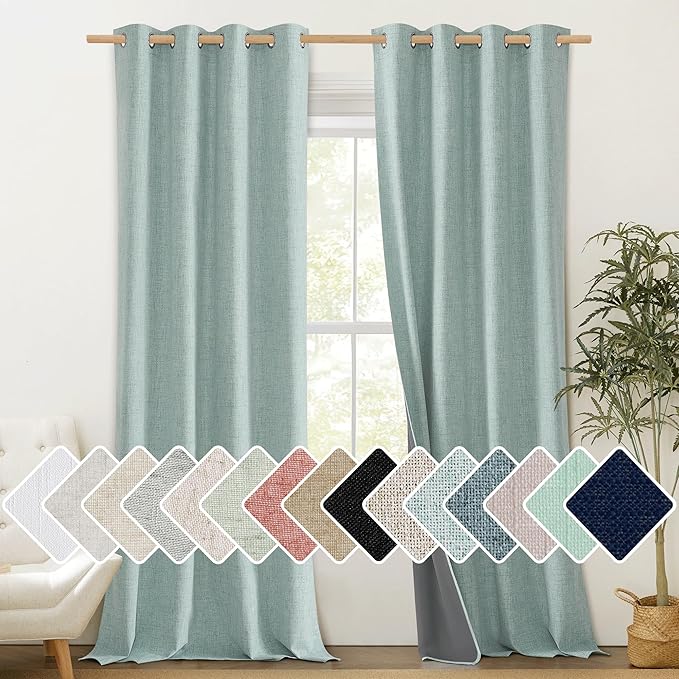 NICETOWN 100% Absolutely Blackout Linen Curtains with Thermal Insulated White Liner, Seafoam Green, 52" Wide, 95" Length Energy Saving Curtains for Living Room 2 Panels Set, Vertical Blinds