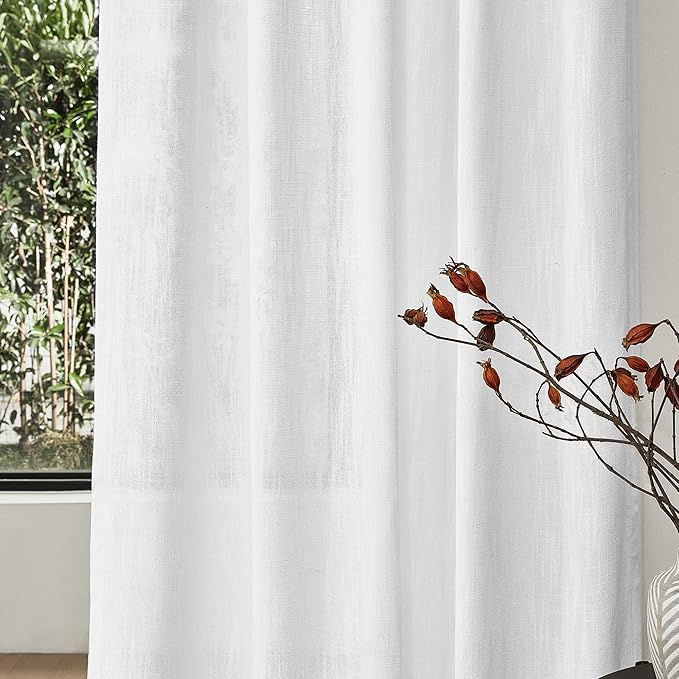 MYSKY HOME Floor to Ceiling Curtains 102 Inches White Sheer Window Drapes 2 Panel Sets Back Tab Draperies Linen Look Boho Fabric, Soft Cotton Blend Light Filtering for Living Room