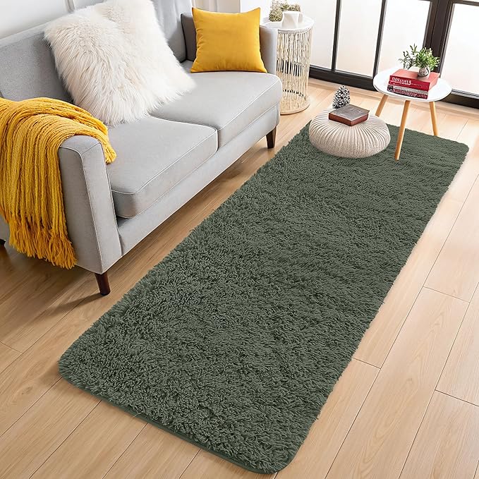 OLANLY 2x4 Machine Washable Runner Rugs for Hallway, Soft Fluffy Shaggy Bedside Rugs for Bedroom, Living Room, Indoor Floor Carpet for Kids Girls and Boys, Home Decor Aesthetic, Olive Green