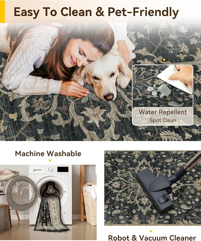 Area Rugs 8'x10' Washable Non-Slip, Floral Vintage Distress Print Pattern Medallion Carpet for Living Room Bedroom Dining Room, Vintage Black Brown Neutral