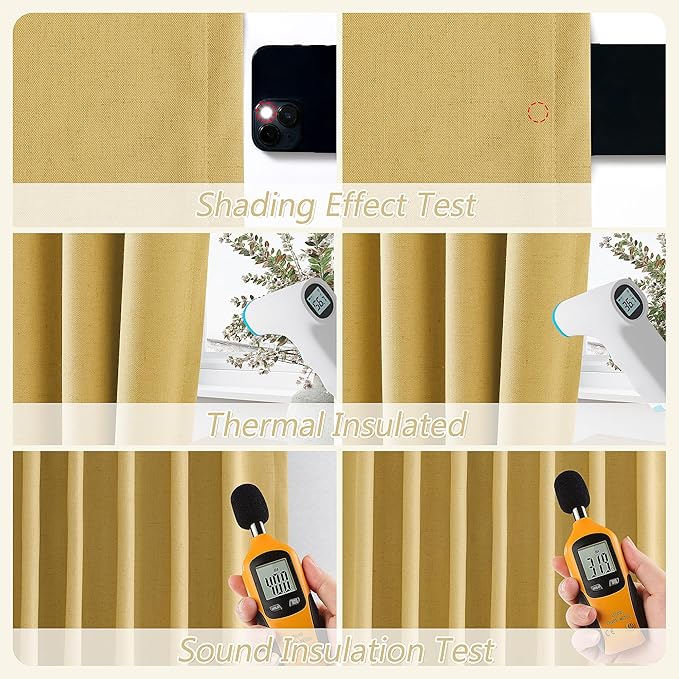 Guken 100% Blackout Curtains 90 Inch Length 2 Panels Set for Living Room Bedroom Back Tab Thermal Insulated Black Out Linen Drapes Room Darkening Window Curtains 90 Inches Long,Gold