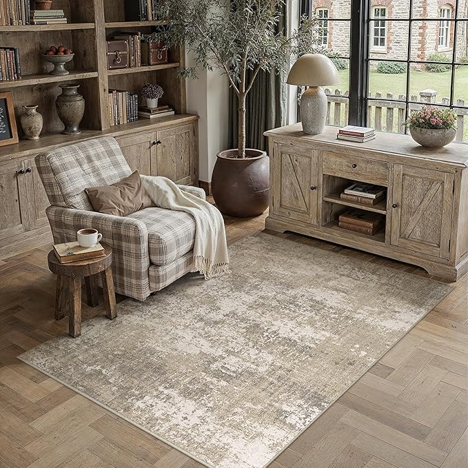 PureCozy Beige Area Rug 5x7 Machine Washable Modern Abstract Living Room Carpet Non Slip Neutral Low Pile Soft Non Shedding Bedroom Contemporary Indoor Rug for Kitchen Office Laundry Dining Room