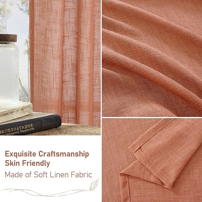 LAMIT Light Filtering Linen Curtains 68 inches Long for Bedroom, Linen Textured Semi Sheer Back Tab and Rod Pocket Boho Modern Drapes for Living Room/Farmhouse, Terracotta, 2 Panels, 52 x 68 Inch