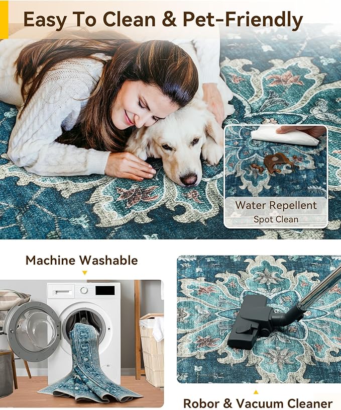 Area Rugs Square 10ft Washable Non-Slip, Floral Vintage Distress Print Pattern Medallion Carpet for Living Room Bedroom Dining Room, Teal Green Lake Blue Turquoise