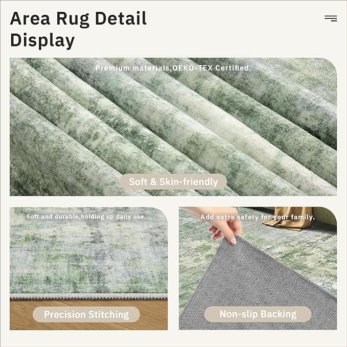 9x9 Green/Ivory Round Rug 9ft Living Room Circle Rug Vintage Round Area Rug Non Slip Indoor Carpet for Apartment