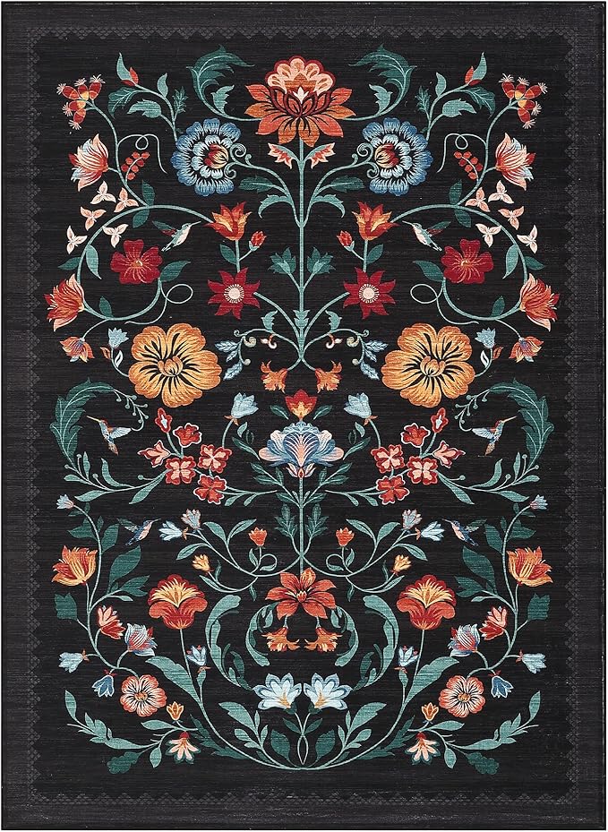 GarveeHome Washable Rug 4x6 Area Rugs for Living Room, Floral Rug for Bedroom, Soft Boho Non Slip Throw Rugs with Rubber Back, Low Pile Stain Resistant Vintage Floral Carpet for Dining Room, Black